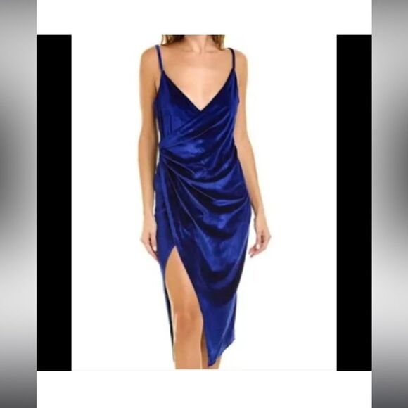 DOUBLE CRAZY Velvet Knotted Front Slit Royal Blue Dress - Picture 1 of 6